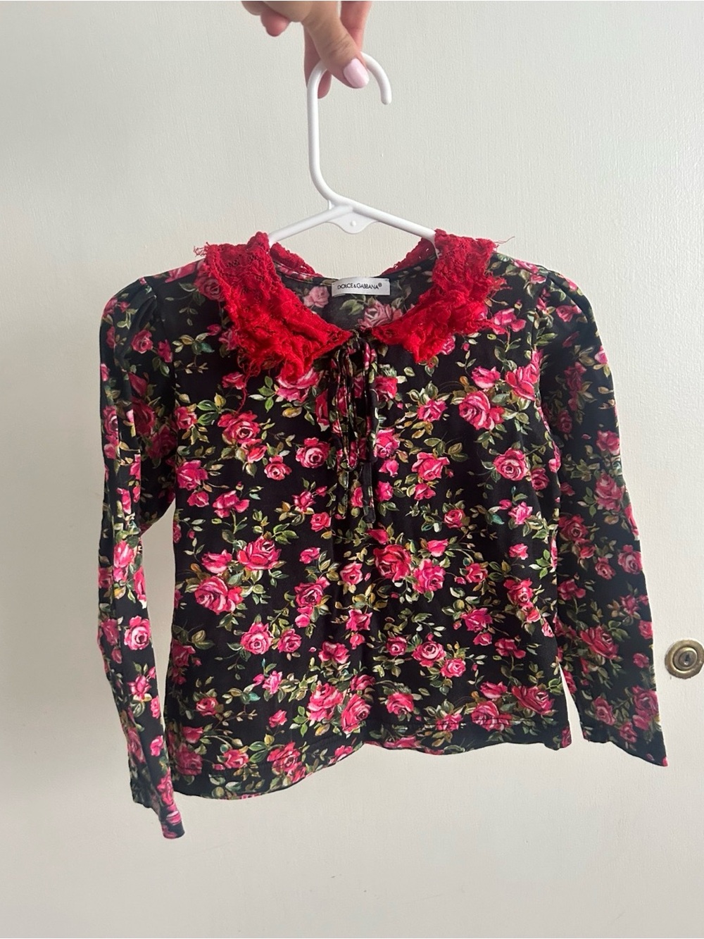 Dolce & Gabbana Black Floral Long-Sleeve Top with Red Lace Collar